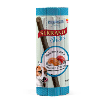 STICKS SERRANO PARA PERROS (16 UNIDADES x 10) SALMON Y ATUN