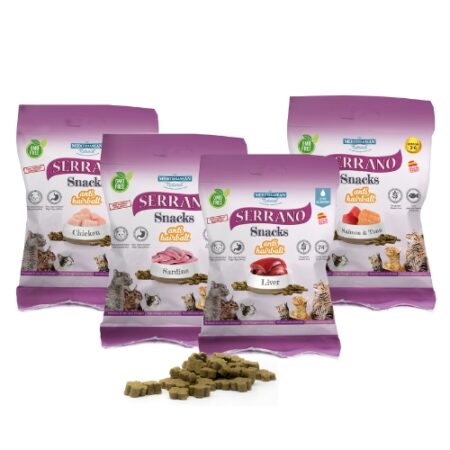 SNACKS SERRANO PARA GATOS 50GR POLLO Y ANTI HAIRBALL 12 UNIDADES