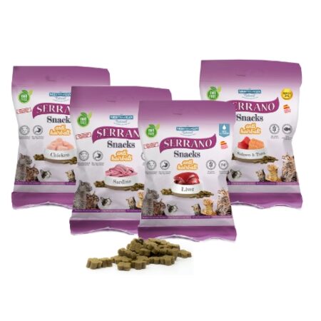 SNACKS SERRANO PARA GATOS 50GR SALMON Y ATUN Y ANTI HAIRBALL 12 UNIDADES