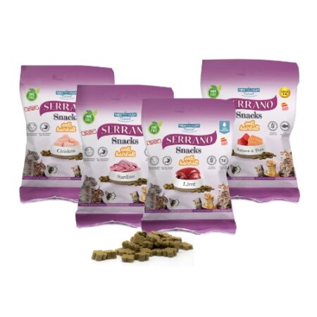 SNACKS SERRANO PARA GATOS 50GR HIGADO Y ANTI HAIRBALL 12 UNIDADES
