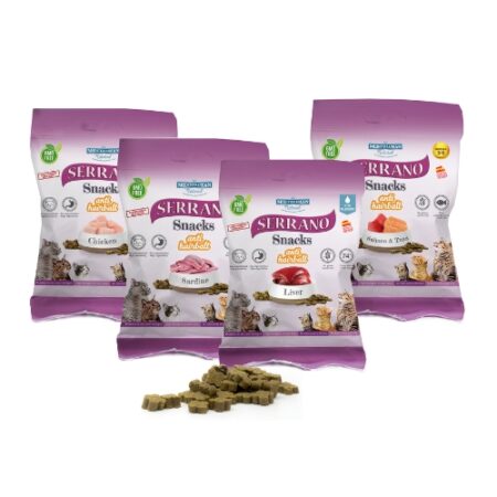 SNACKS SERRANO PARA GATOS 50GR RICO EN SARDINA Y SALUD BUCAL 12 UNIDADES