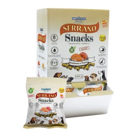 SNACK SERRANO PARA PERROS 85GR SALMON Y ATUN 25 UNIDADES