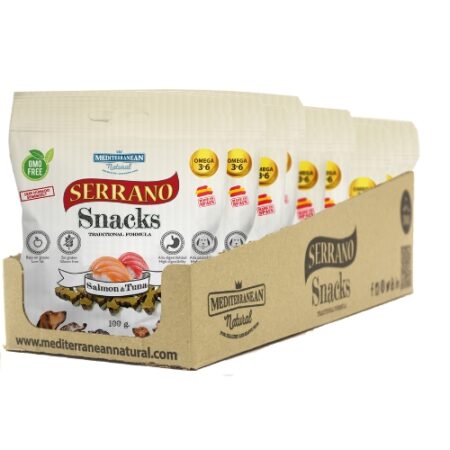 SNACK SERRANO PARA PERROS 100GR SALMON Y ATUN 12 UNIDADES
